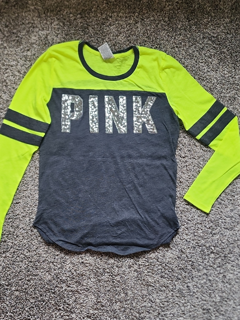 PINK Victoria's Secret Neon Yellow & Charcoal Sequin Logo Long Sleeve Tee